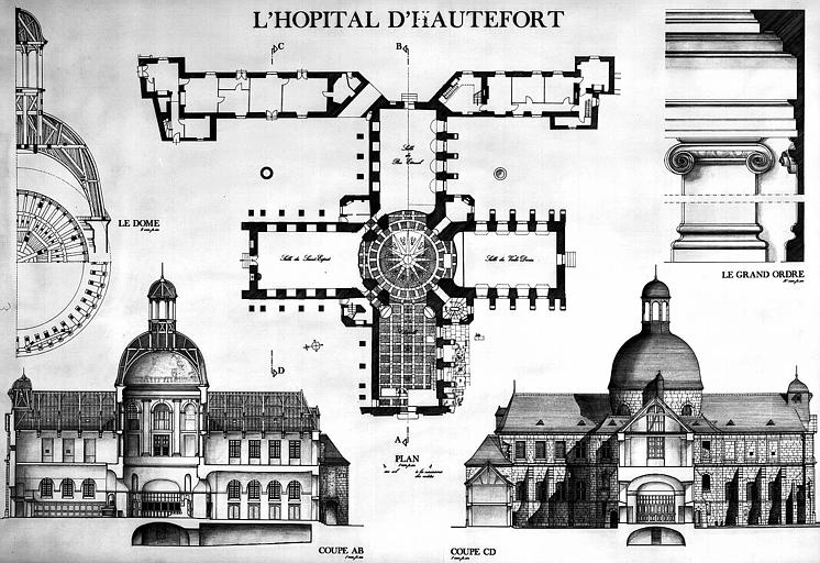 Plan général, coupes, détail du dôme, détail du grand ordre (plume et mine de plomb)