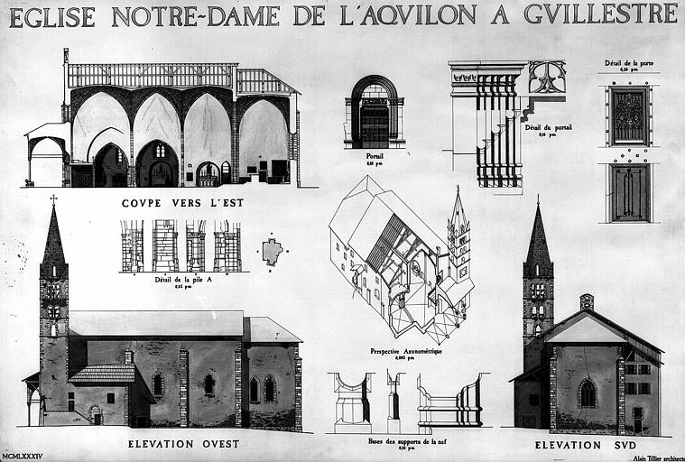 perspective axonométrique, coupe vers l'est, élévations ouest et sud, détails du portail (plume et aquarelle)