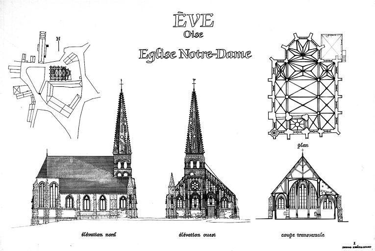 planche n° 1 : plan de situation, coupe transversale, élévations nord et ouest (plume sur calque)