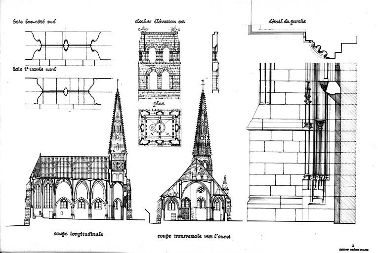 Planche n° 2 : coupes longitudinale et transversale, plan et élévation est du clocher, détail du porche et des baies (plume sur calque)