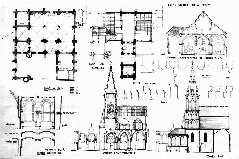 plan au sol, plan des combles, coupe transversale, coupe longitudinale, profil d'une travée du collatéral (calque à l'encre de chine)