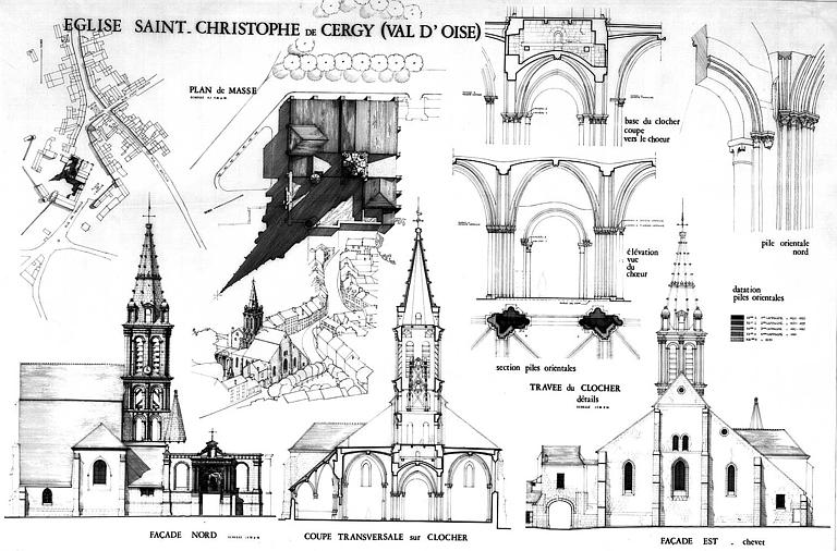 plan de situation et de masse, élévations des façades nord et est, coupe transversale sur le clocher et détails (calque à l'encre de chine)