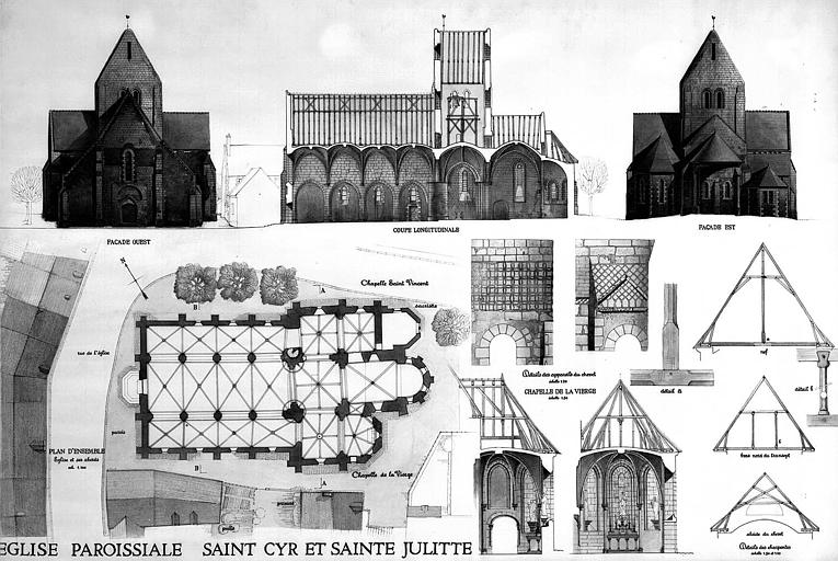 plan général, coupes longitudinale, élévations des façades ouest et est, chapelle de la Vierge (plume et aquarelle)