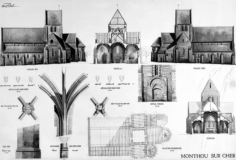 élévations des façades sud et nord, coupe transversale, plan des charpentes, élévation du porche, détails des nervures (plume et aquarelle)