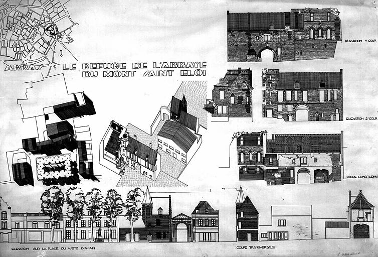 plan de situation, plan de masse, vue axonométrique, élévations des façades, coupes (plume)