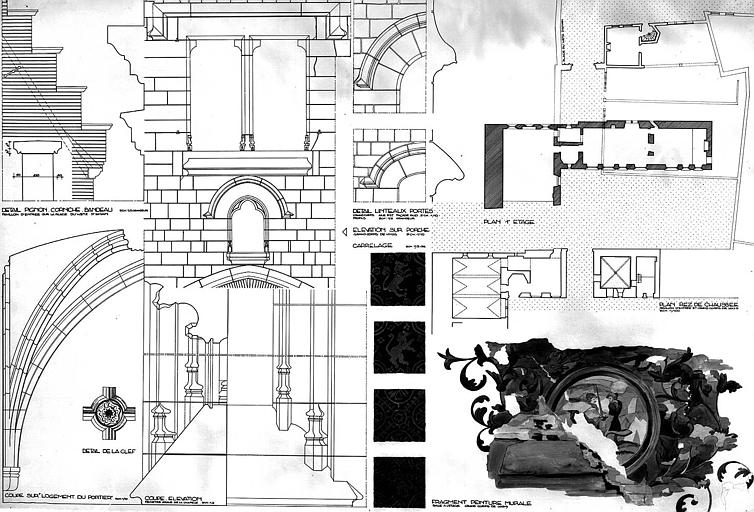 Plans du rez-de-chaussée et du 1e étage, fragment de peinture murale, élévation du porches, détails  (plume et aquarelle)