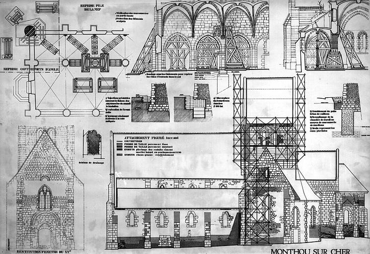 détails de la reprise des travaux de consolidation et de restauration (encre)