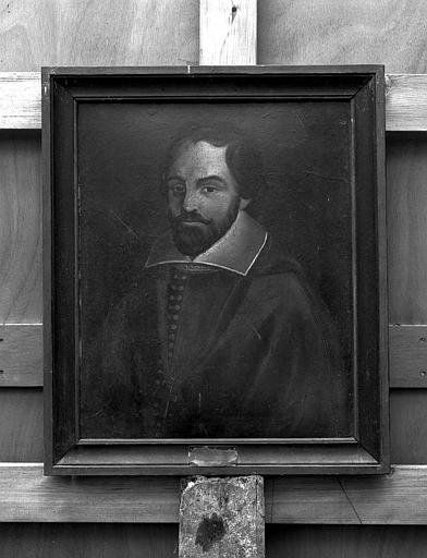 Peinture sur toile : Portrait d'évêque, cheveux noirs, barbe noire en pointe, grand col blanc