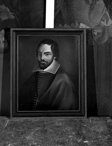 Peinture sur toile : Portrait d'évêque, cheveux noirs, barbe noire en pointe, grand col blanc