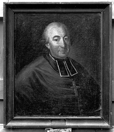 Peinture sur toile : Portrait d'évêque, cheveux grisonnants en un seul rouleau au-dessus de l'oreille visible, rabat à pans étroits noir à liseré blanc