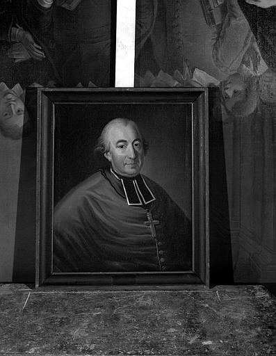 Peinture sur toile : Portrait d'évêque, cheveux grisonnants en un seul rouleau au-dessus de l'oreille visible, rabat à pans étroits noir à liseré blanc