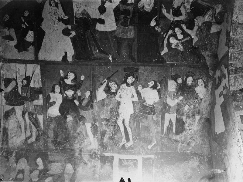 peintures murales de la chapelle seigneuriale : Arrestation de Jésus, Christ aux outrages, Flagellation du Christ, Jésus devant Pilate