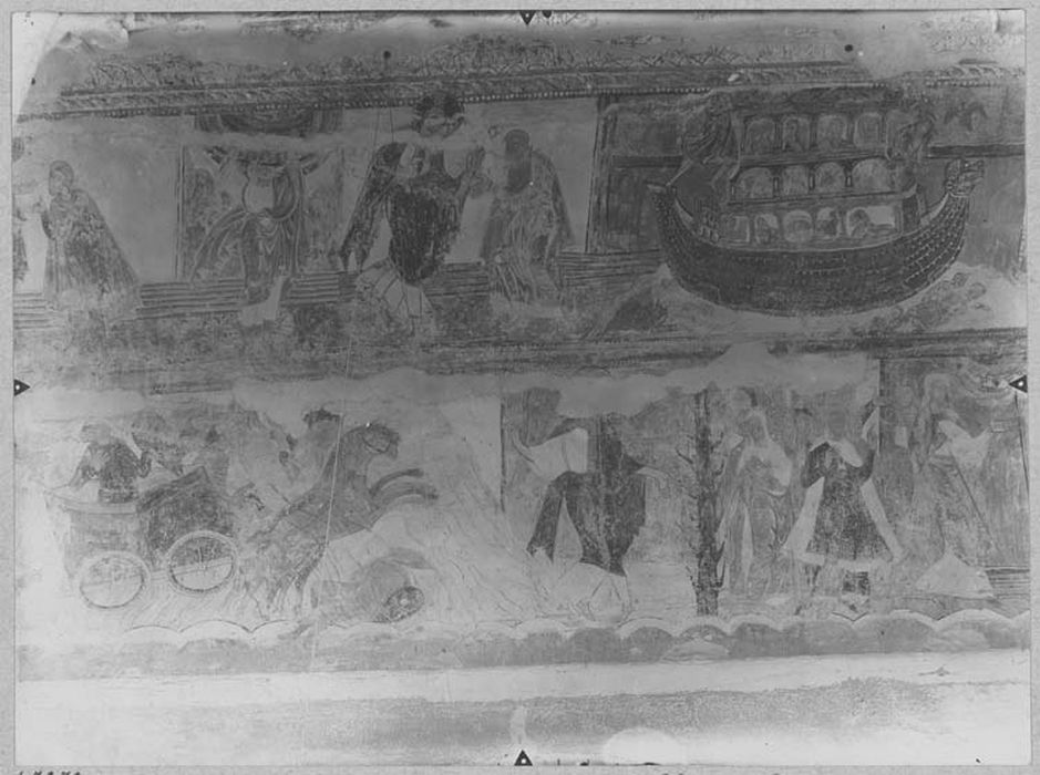 peintures murales : Création du soleil de la lune et des étoiles, Création de la femme, Présentation d'Eve à Adam, Tentation d'Eve, Péché originel, Eve filant, Offrandes d'Abel et Caïn, Caïn tue Abel, Dieu maudit Caïn, Enlèvement d'Hénoch, Dieu donne ses instructions à Noé, Arche de Noé et lâcher du corbeau, Sortie de l'arche, Sacrifice de Noé, Vendange de Noé, Noé buvant son vin, le Corbeau et le renard, Sem et Japhet couvrant la nudité de leur père ivre, Arbre et animaux, Noé maudit Canaan, arbre, Construction de la Tour de Babel, Dieu donne ses instructions à Abraham, Personnage grimpant dans un arbre, Séparation d'Abraham et de Lot, Lot emmené en prison, Abraham fait don de ses troupeaux à Isaac, Isaac et Ismaël ensevelissent Abraham, Isaac bénit Jacob, Joseph vendu par ses frères, Joseph vendu par les Madianites à Potiphar, Joseph et la femme de Potiphar, Joseph calomnié par la femme de Potiphar, Joseph en prison, Joseph interprète les songes de pharaon, Pharaon passant son anneau au doigt de Joseph, Joseph sur le char de pharaon, Arbre, Passage de la mer Rouge, l'Ange de Dieu conduisant les armées d'Israël, les Israélites guidés par la colonne de Feu, Moïse conduisant son peuple, la Colonne de nuée, Moïse recevant les Tables de la Loi