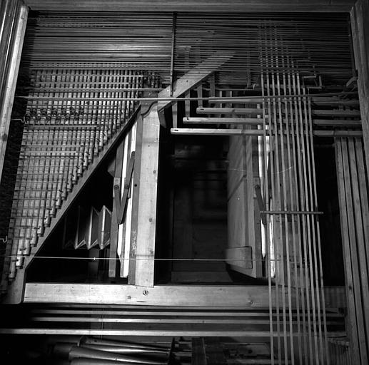 Orgue : Réservoirs à plis dans le soubassement, gosier abrégé du grand orgue avec rouleaux en bois, à l'avant vergettes rejoignant l'abrégé de pédale sur les côtés, tirants de registres en bois carré