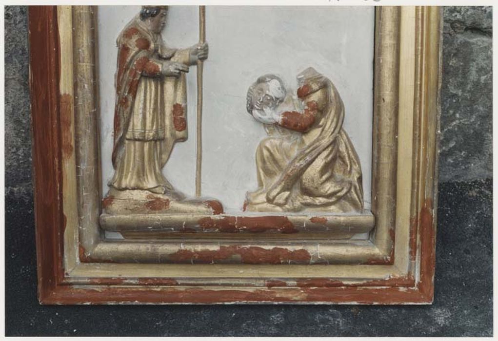 panneau de retable en demi-relief : sainte Valérie présentant sa tête à saint Martial