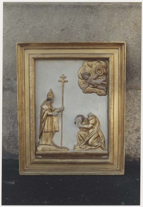 panneau de retable en demi-relief : sainte Valérie présentant sa tête à saint Martial