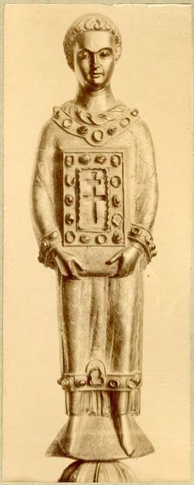 statue-reliquaire de la Vraie Croix : diacre dit saint Etienne de Muret, vue partielle