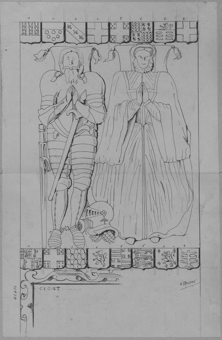 dalle funéraire d'Antoine du Fays, seigneur de Bazoilles et de Catherine de Ville sa femme (dessin)