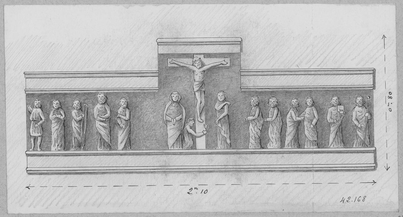 retable, reliefs : la Crucifixion, les douze apôtres (dessins)