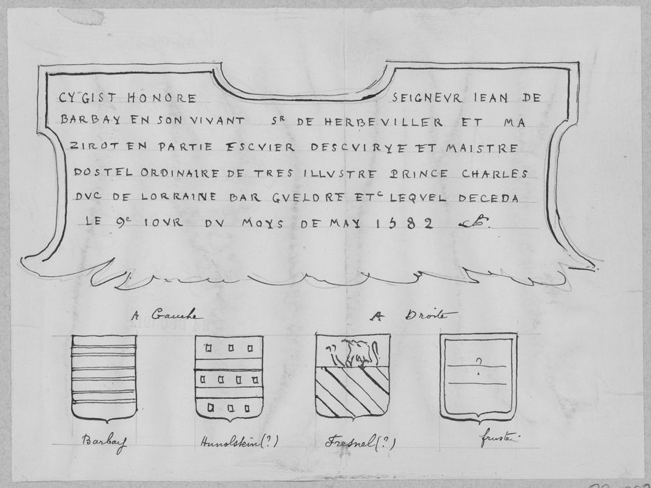dalle funéraire de Jean de Barbay mort en 1582 (dessin)