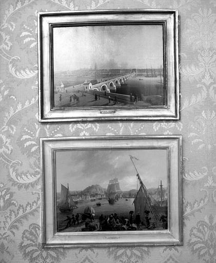 Peintures sur toile : Le port de Bordeaux - le port de Cherbourg (faisant partie d'un ensemble de 24 petits tableaux de vues des ports de France)