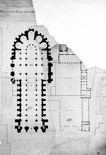 Plan général du rez-de-chaussée de la cathédrale et du palais épiscopal (plume, chine et lavis)