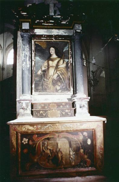 Autel retable côté Nord du choeur, tableau : sainte Catherine, huile sur toile et devant d'autel : Esther devant Assuérus