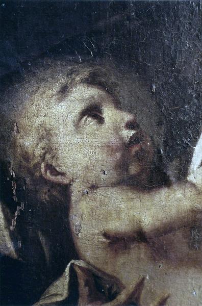 tableau, cadre : Religieuse tenant l'enfant éveillé, détail du visage de l'enfant