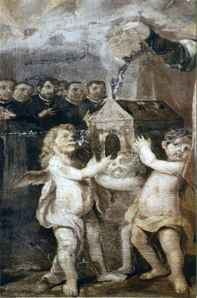 tableau, cadre : saint Augustin défendant l'Eglise contre l'hérésie, détail