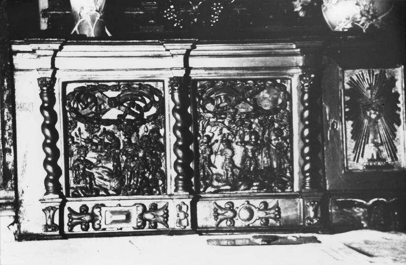 tabernacle du maître-autel, quatre bas-reliefs : Le Jugement de saint Prix par Alexandre, Le Martyre de saint Prix, L' Arrestation de saint Cot dans un bois, La Découverte du corps de saint Prix et saint Germain