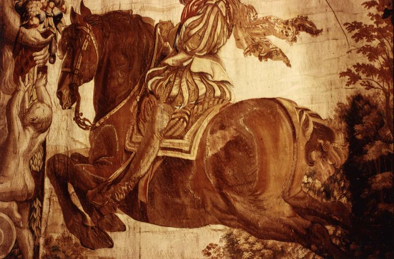 Pièce murale (tapisserie à bordure à tableaux) : Louis XIII à cheval sautant un obstacle