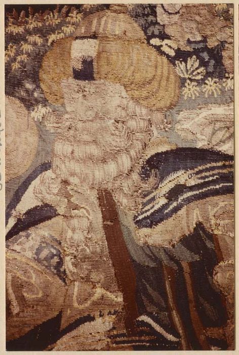pièce murale (tapisserie à bordure à tableaux) : Scène de la vie seigneuriale