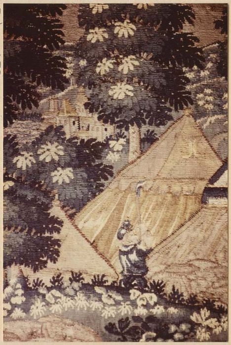pièce murale (tapisserie à bordure à tableaux) : Scène de la vie seigneuriale