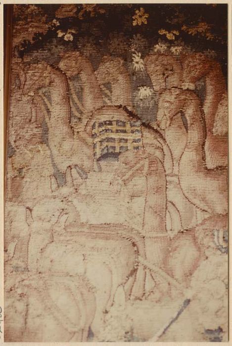 pièce murale (tapisserie à bordure à tableaux) : Scène de la vie seigneuriale