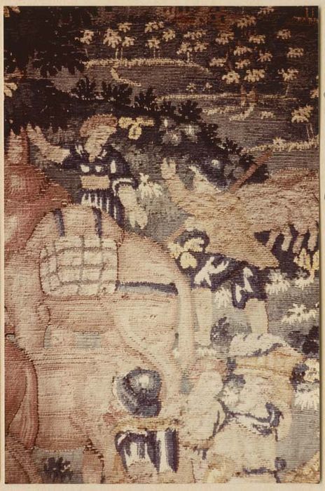 pièce murale (tapisserie à bordure à tableaux) : Scène de la vie seigneuriale