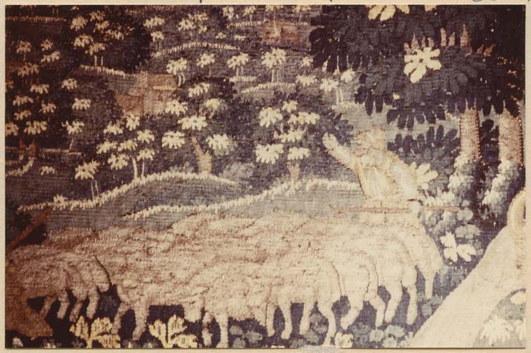 pièce murale (tapisserie à bordure à tableaux) : Scène de la vie seigneuriale