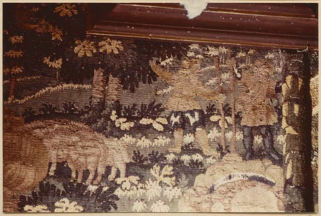 pièce murale (tapisserie à bordure à tableaux) : Scène de la vie seigneuriale