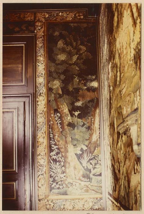 pièce murale (tapisserie à bordure à tableaux) : Scène de la vie seigneuriale