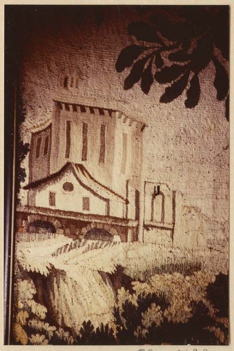 pièce murale (tapisserie à bordure à tableaux) : Scène de la vie seigneuriale