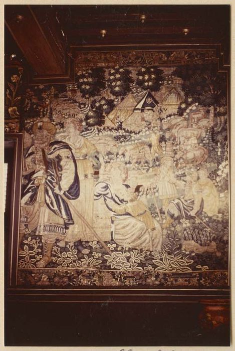 pièce murale (tapisserie à bordure à tableaux) : Scène de la vie seigneuriale