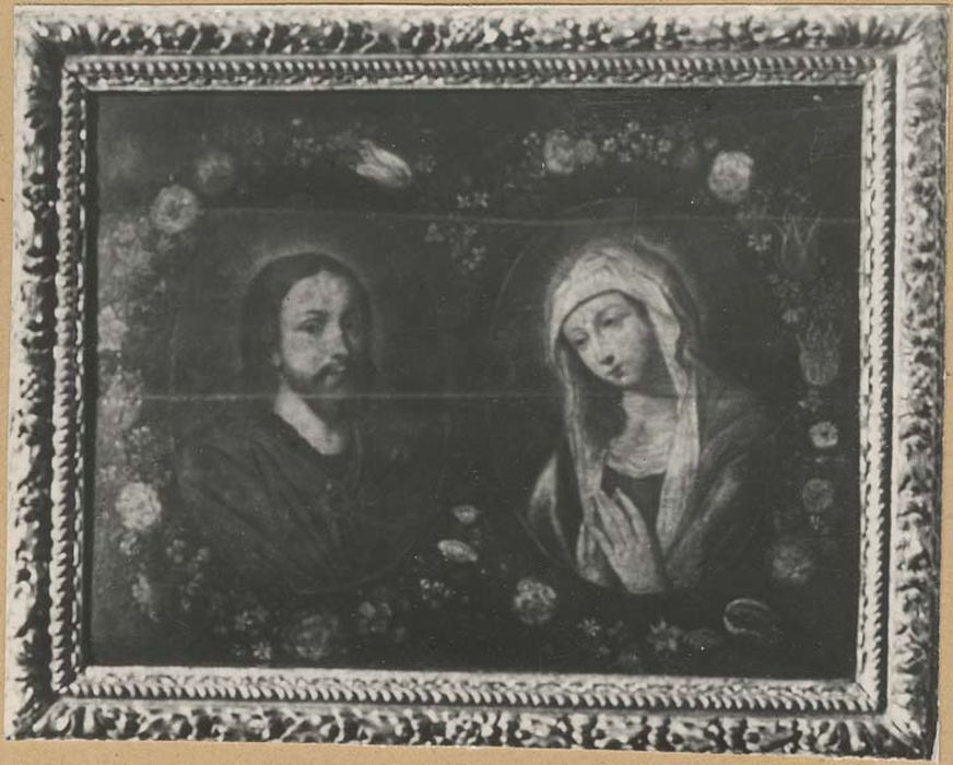 Tableau : Le Christ et la Vierge dans un décor de fleurettes