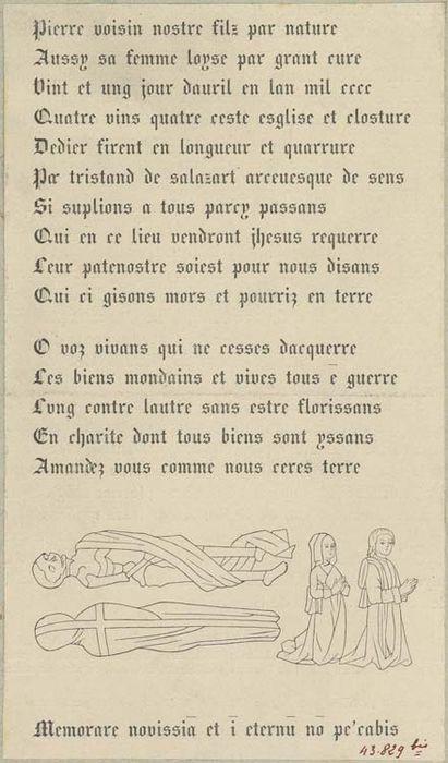 plaque funéraire de Colas Voisin et de sa femme Guillemette : Deux gisants et les deux défunts agenouillés - © Ministère de la Culture (France), Médiathèque du patrimoine et de la photographie, Tous droits réservés