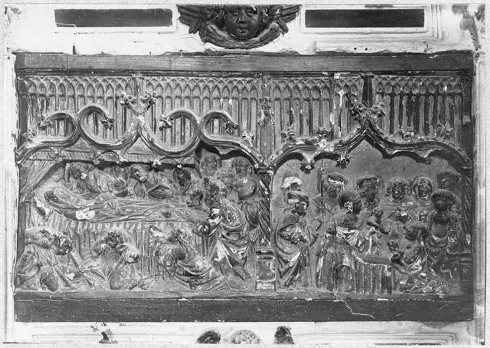 bas-reliefs du retable du maître-autel : Scènes de la mort de la Vierge