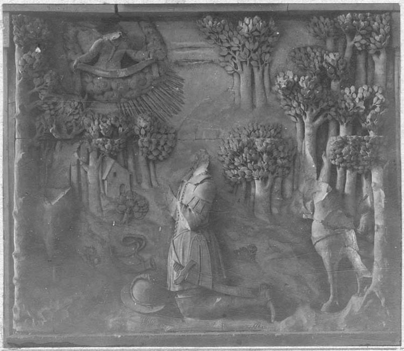 détail, bas-relief : La Chasse de saint Hubert