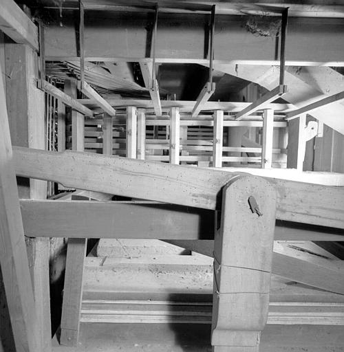 Orgue : Réservoir à plis, barre pour le souffleur, tournants octogonaux desquels partent les équerres en bois