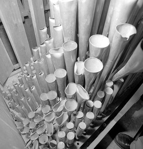 Orgue : Tuyauterie du récit (d'avant en arrière : Voix humaine 8, hautbois, euphone, flûte harmonique 4, gambe 8, bourdon 8)