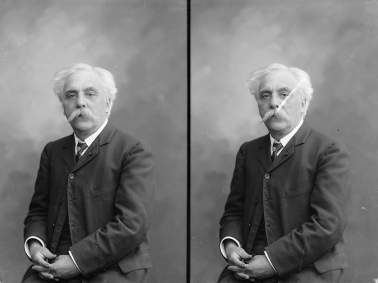 Gabriel Urbain Fauré, pianiste, organiste et compositeur de musique. En buste, pose de face, les mains croisées.