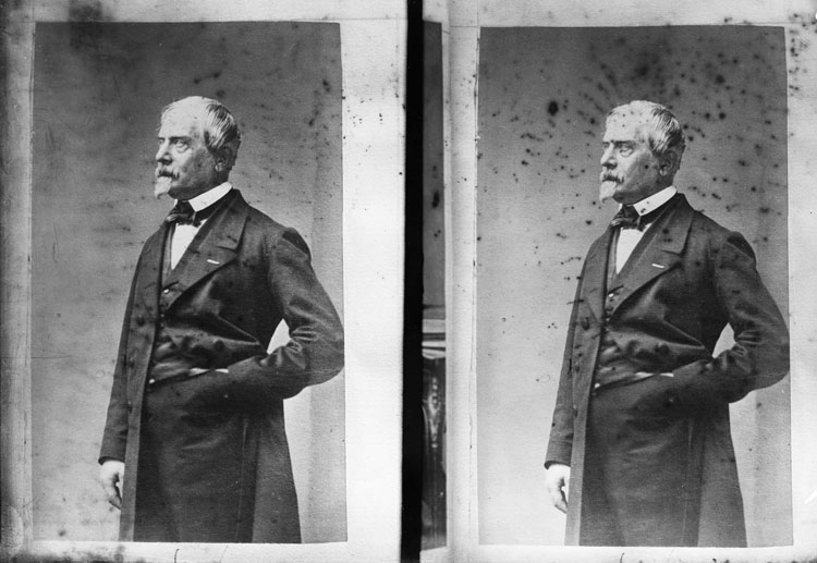 Abel Niépce de Saint-Victor, physicien, inventeur, photographe et chimiste. En mi-corps, pose de trois quarts, une main dans la poche de son pantalon.