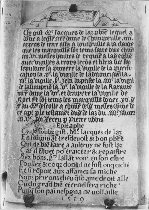 Dalle funéraire et épitaphe de Jacques de Laz, mort en 1559