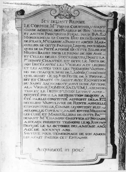 plaque funéraire de Pierre Courtois, garde à cheval des plaisirs du roi